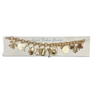 Vintage Goldtone Charm Bracelet Telephone Bell Horseshoe Keys Etc New Old Stock